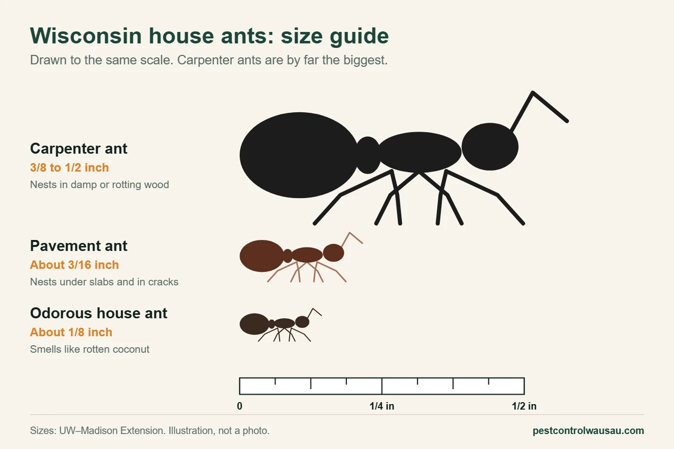 Size guide to Wisconsin house ants: carpenter ant, pavement ant and odorous house ant drawn to the same scale