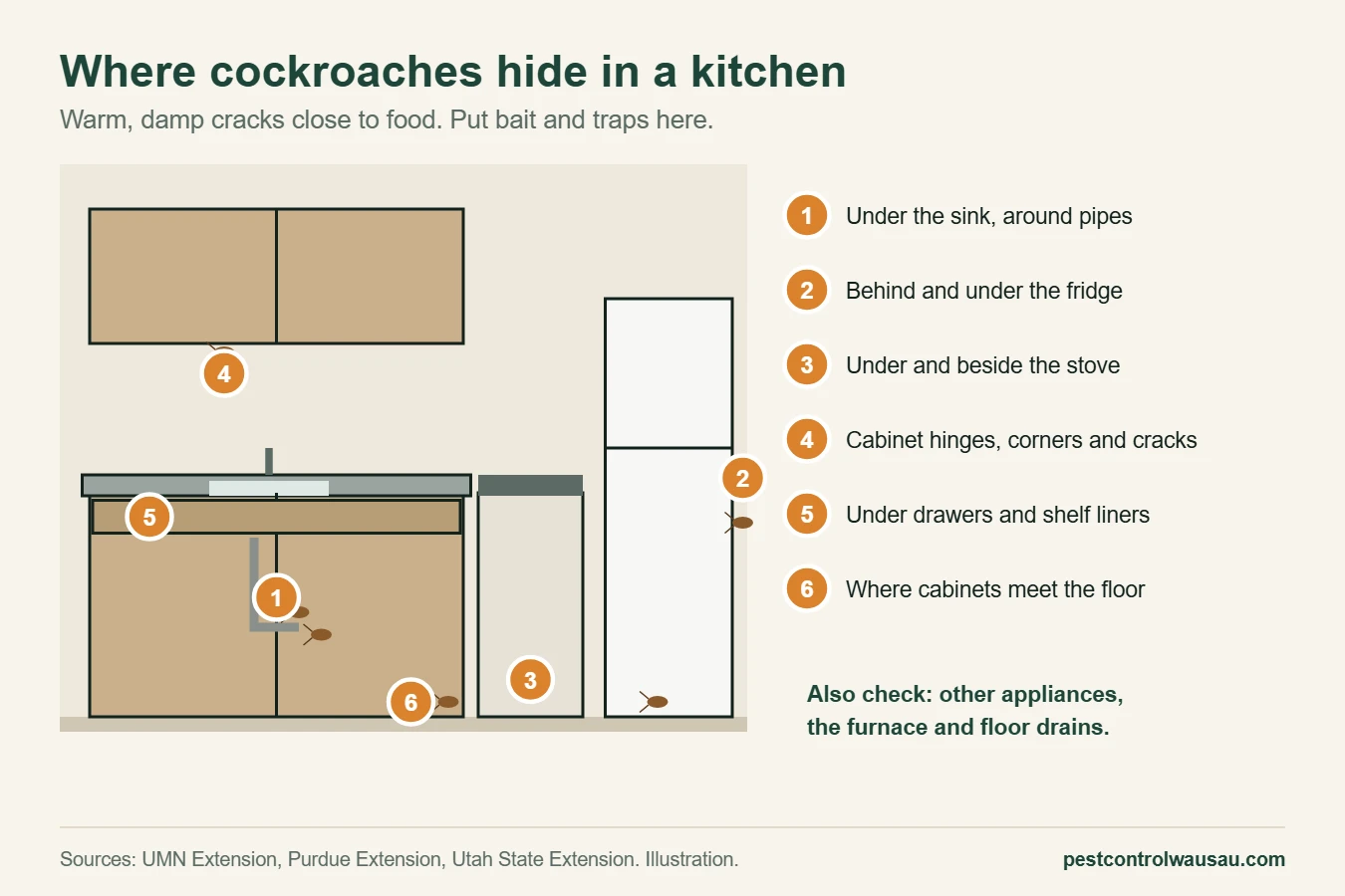 Diagram of the places cockroaches hide in a kitchen, from under the sink to behind the fridge