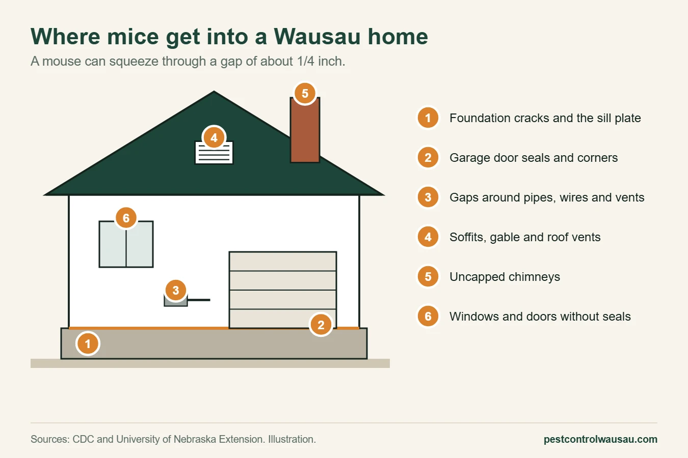 Diagram of where mice get into a Wausau home: foundation, sill plate, garage door, pipes, vents and roof edges